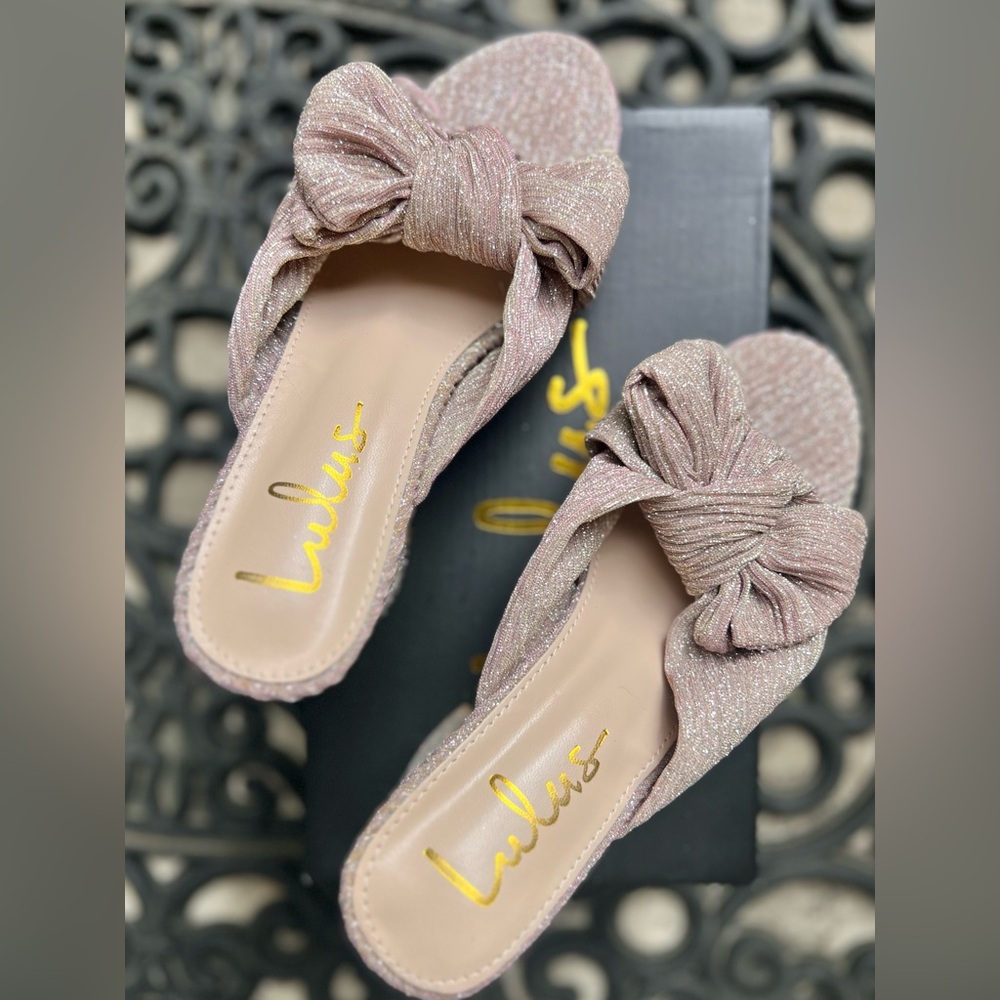 Lulu's Dorothea Taro Shimmer Heels: Shimmery Knot-Front Block Heel